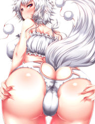 Rule 34 | &gt;:(, 1girl, alternate costume, ass, ass cutout, ass grab, bare shoulders, blush, bra, breasts, butt crack, cameltoe, cat cutout, cat lingerie, clothing cutout, covered erect nipples, cowboy shot, fat mons, from behind, frown, grabbing own ass, hands on ass, highres, inubashiri momiji, large breasts, looking at viewer, looking back, meme attire, panties, pom pom (clothes), red eyes, short hair, silver hair, solo, spread ass, tail, touhou, underwear, underwear only, v-shaped eyebrows, white background, white bra, white panties, wolf girl, wolf tail, zan (harukahime)