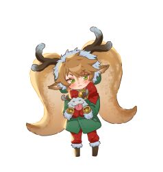 Rule 34 | 1girl, :&lt;, absurdres, antlers, bell, blush, bow, bowtie, brown footwear, brown hair, fur-trimmed headwear, fur trim, green eyes, green jacket, highres, horns, hug, jacket, league of legends, mittens, neck bell, odanju, pants, pointy ears, poppy (league of legends), poro (league of legends), red bow, red bowtie, red pants, simple background, snow fawn poppy, standing, twintails, white background