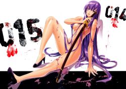 Rule 34 | 1girl, absurdres, areola slip, blood, blood splatter, blue eyes, blush, breasts, busujima saeko, completely nude, convenient censoring, fingerprint, hair over breasts, high heels, highres, highschool of the dead, holding, katana, legs, lips, long hair, long legs, looking at viewer, no bra, no panties, nude, official art, purple hair, satou shouji, scan, shoes, sitting, solo, sword, topless, very long hair, weapon