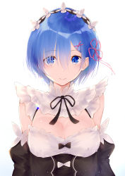 Rule 34 | 1girl, absurdres, backlighting, bad id, bad pixiv id, black dress, black ribbon, blue eyes, blue hair, bow, breasts, cleavage, closed mouth, commentary request, detached sleeves, dress, frills, hair ornament, hair over one eye, hair ribbon, highres, large breasts, looking at viewer, maid, maid headdress, meen (ouaughikepdvrsf), neck ribbon, pink ribbon, re:zero kara hajimeru isekai seikatsu, rem (re:zero), ribbon, roswaal mansion maid uniform, short hair, simple background, smile, solo, upper body, white background, white bow, x hair ornament