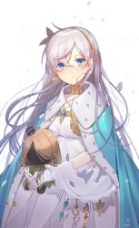 Rule 34 | 1girl, anastasia (fate), bare tree, blue eyes, cape, choker, crown, doll, earrings, fate/grand order, fate (series), gloves, hairband, highres, holding, holding doll, ion (on01e), jewelry, long hair, looking at viewer, mini crown, pendant, royal robe, silver hair, snowing, solo, tree, very long hair, white gloves