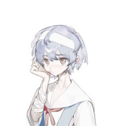 Rule 34 | 1girl, ayanami rei, bandaged arm, bandaged head, bandages, blood, blood on face, expressionless, highres, neck ribbon, neon genesis evangelion, red eyes, ribbon, sailor collar, school uniform, short hair, solo, tokyo-3 middle school uniform, upper body, yuuinai