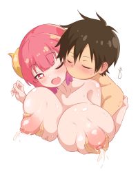 Rule 34 | 1boy, 1girl, absurdres, aida taketo, blush, grabbing another&#039;s breast, breasts, breasts squeezed together, brown hair, closed eyes, collarbone, completely nude, cropped torso, dragon girl, dragon horns, fang, grabbing, gradient hair, heart, heart-shaped pupils, highres, horns, hug, hug from behind, huge breasts, ilulu (maidragon), jhaysie, kiss, kissing neck, kobayashi-san chi no maidragon, lactation, multicolored hair, navel, nude, one eye closed, open mouth, projectile lactation, purple hair, red eyes, red hair, shiny skin, signature, simple background, skin fang, sweat, symbol-shaped pupils, teardrop, two-tone hair, white background
