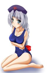 Rule 34 | 1girl, bad id, bad pixiv id, blue eyes, bow, breasts, covered erect nipples, female focus, hat, highres, long hair, nurse cap, one-piece swimsuit, school swimsuit, silver hair, sitting, smile, solo, swimsuit, tera hiroshi, touhou, yagokoro eirin