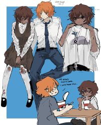 1boy 1girl bandaid belt black_belt black_footwear blue_necktie blue_pants brown_dress brown_hair collared_shirt dress genderswap genderswap_(ftm) genderswap_(mtf) hands_up heathcliff_(project_moon) highres ishmael_(project_moon) limbus_company long_sleeves mary_janes necktie ngancurindunia orange_hair pants pantyhose project_moon recursive_genderswap shirt shoes short_hair sitting sleeveless sleeveless_dress sweat table white_pantyhose white_shirt