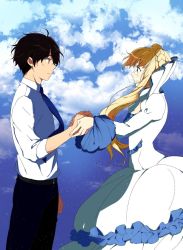 Rule 34 | 10s, 1boy, 1girl, aldnoah.zero, amy26, asseylum vers allusia, black hair, black pants, blonde hair, blue necktie, braid, brown hair, cloud, collared shirt, couple, crown braid, day, dress, eye contact, frilled dress, frills, from side, gown, green eyes, hetero, high collar, holding hands, holster, kaizuka inaho, long hair, long sleeves, looking at another, necktie, pants, shirt, short hair, sidelocks, sky, smile, tears, water, white dress, white shirt