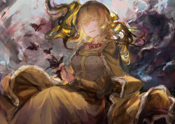 Rule 34 | 1girl, absurdres, blonde hair, breasts, bug, butterfly, butterfly on hand, cape, colored eyelashes, dress, flowing dress (dq), highres, ike seika, insect, isabeau de baviere (madoka magica), jewelry, jitome, large breasts, light particles, light smile, long hair, long sleeves, magia record: mahou shoujo madoka magica gaiden, mahou shoujo madoka magica, mahou shoujo tart magica, mature female, necklace, open mouth, parted lips, queen, ring, robe, royal robe, solo, teeth, yellow eyes
