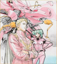 Rule 34 | 1boy, 1girl, 2others, belt, black belt, black cape, blonde hair, blue eyes, blue hair, cable, cape, char&#039;s counterattack, char&#039;s counterattack - beltorchika&#039;s children, char aznable, crossed arms, frown, gundam, hair behind ear, hand on own hip, highres, jacket, machinery, mecha, multiple others, nightingale (gundam), pilot suit, quess paraya, red jacket, robot, science fiction, shikishi, thrusters, toweling3, traditional media, twintails, uneven twintails