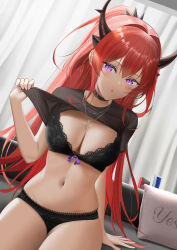 Rule 34 | 1girl, :o, alternate costume, arknights, black bra, black panties, black shirt, blush, bra, breasts, cleavage, clothes lift, collarbone, commentary request, couch, cross, cross necklace, dutch angle, highres, horns, indoors, jewelry, lace, lace-trimmed panties, lace trim, large breasts, long hair, looking at viewer, navel, necklace, on couch, open mouth, panties, ponytail, purple eyes, red hair, ri qing, shirt, shirt lift, short sleeves, sitting, skindentation, solo, stomach, surtr (arknights), sweat, underwear, very long hair, yes-no pillow