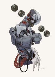 1boy back commentary cropped_arms english_commentary floating hamau humanoid_robot male_focus mechabare orb overwatch overwatch_1 robot signature simple_background solo torn_clothes white_background zenyatta_(overwatch)