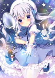 Rule 34 | 1girl, :&lt;, alternate costume, alternate hairstyle, angora rabbit, animal, animal on head, bare shoulders, black wings, blue dress, blue footwear, blue neckwear, blush, bow, bowtie, brooch, closed mouth, commentary request, crown, dress, floating hair, gloves, gochuumon wa usagi desu ka?, hair between eyes, hair ornament, head tilt, holding, holding spoon, jewelry, kafuu chino, leg up, long hair, looking at viewer, mary janes, mini crown, on head, outstretched arm, outstretched hand, oversized object, pantyhose, petticoat, pink neckwear, puffy short sleeves, puffy sleeves, purple eyes, purple hair, rabbit, reaching, reaching towards viewer, revision, shibainu niki, shoes, short dress, short sleeves, smile, sparkle, spoon, star (symbol), striped bow, striped bowtie, striped clothes, striped neckwear, twintails, very long hair, white gloves, white pantyhose, white wings, wings, x hair ornament