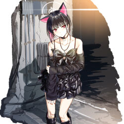 Rule 34 | 1girl, absurdres, animal ears, black choker, black dress, black footwear, black hair, black sleeves, blue archive, blush, boots, cat ears, choker, closed mouth, collarbone, commentary request, detached sleeves, dress, extra ears, feet out of frame, halo, highres, kazusa (blue archive), knee boots, ningen (ningen96), pink hair, red eyes, short hair, solo