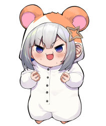 Rule 34 | &gt;:), 1girl, :3, @ @, amane kanata, animal ears, animal hood, blush, chibi, commentary, fake animal ears, hair ornament, highres, hololive, hood, looking at viewer, mikan (chipstar182), onesie, open mouth, purple eyes, short hair, silver hair, simple background, smile, solo, sweatdrop, virtual youtuber, white background