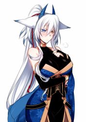 Rule 34 | 1girl, animal ears, bare shoulders, blue eyes, bodysuit, breast hold, breasts, bridal gauntlets, cleavage, dated, dragon horns, dragon tail, elbow gloves, female focus, fox ears, gloves, hair between eyes, heterochromia, high ponytail, horns, japanese clothes, konshin, large breasts, long hair, orange eyes, orie hakua, pixiv fantasia, pixiv fantasia new world, ponytail, sigh, signature, silver hair, simple background, solo, tail, very long hair, white background