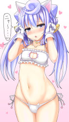 Rule 34 | 10s, 1boy, alternate hairstyle, bell, blue eyes, blue hair, blush, cat cutout, cat ear panties, cat lingerie, cleavage cutout, clothing cutout, gloves, gradient background, hacka doll, hacka doll 3, heart, jingle bell, long hair, male focus, matching hair/eyes, meme attire, navel, okage, panties, pink background, revision, side-tie panties, solo, trap, twintails, underwear, white gloves, white panties
