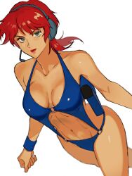 Rule 34 | 1girl, blue wristband, breasts, collarbone, commentary, dutch angle, from above, green eyes, gundam, headset, highres, holster, looking at viewer, medium breasts, medium hair, miromari, navel, neneka nibrou, o-ring, o-ring swimsuit, red hair, red lips, shoulder holster, simple background, solo, swimsuit, symbol-only commentary, victory gundam, walking, white background, wristband