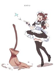 Rule 34 | 1girl, alternate costume, ankle strap, apron, artist name, black thighhighs, bow, broom, brown hair, closed eyes, enmaided, findoworld, frilled skirt, frills, kagari atsuko, little witch academia, long hair, maid, maid day, maid headdress, miniskirt, one side up, open mouth, puffy short sleeves, puffy sleeves, short sleeves, simple background, sketch, skirt, standing, standing on one leg, thighhighs, waist bow, wand, white background, wrist cuffs, zettai ryouiki