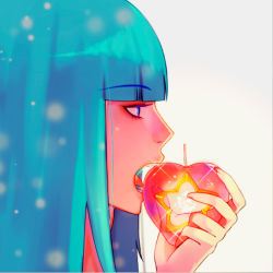 Rule 34 | 1girl, apple, blue eyes, blue hair, blunt bangs, close-up, eyelashes, food, from side, fruit, girl (anime expo), kami-sama (girl), looking away, matching hair/eyes, open mouth, persona92, profile, simple background, solo, star (symbol), tongue, white background