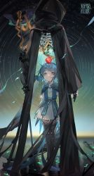 Rule 34 | 1girl, 1other, absurdres, apple, apple on head, artist name, bird girl, bird legs, bird tail, bird wings, black robe, blue capelet, blue eyes, blue hair, brooch, capelet, dress, feathered wings, final fantasy, final fantasy xiv, food, fruit, full body, glint, head wings, hermes (ff14), highres, holding, holding hands, holding staff, hollow body, hood, hood up, hooded robe, jewelry, juliet sleeves, leaf, long sleeves, looking up, meteion, monster girl, object on head, penzai fengli, puffy sleeves, ribs, ripples, robe, rod of asclepius, short hair, snake, sparkle, staff, standing, tail, water, white dress, wings