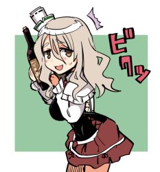 Rule 34 | 1girl, blush, bottle, breasts, brown eyes, grey hair, hair between eyes, hat, holding, kantai collection, large breasts, long hair, long sleeves, looking at viewer, mini hat, open mouth, pola (kancolle), red skirt, simple background, skirt, solo, sweat, tsukinami kousuke, two-tone background, wavy hair