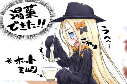 Rule 34 | +++, 1girl, :d, abigail williams (fate), arrow (symbol), black bow, black dress, black hat, blonde hair, blue eyes, blush, bow, commentary request, crossed bandaids, cup, dress, fate/grand order, fate (series), hair bow, hat, highres, holding, holding spoon, long hair, long sleeves, neon-tetora, open mouth, orange bow, parted bangs, profile, sleeves past fingers, sleeves past wrists, smile, solo, spoon, translation request, very long hair, white background