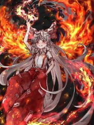 Rule 34 | 1girl, baggy pants, black background, collared shirt, feet out of frame, fiery background, fire, flower, fujiwara no mokou, highres, imperishable night, jumpsuit, light smile, myui17901139, pants, red eyes, red jumpsuit, red pants, red suspenders, shirt, short sleeves, solo, suspenders, teeth, touhou, white hair, white shirt