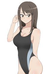 Rule 34 | 10s, 1girl, bare shoulders, black hair, breasts, brown eyes, cleavage, competition swimsuit, covered navel, girls und panzer, highleg, highleg swimsuit, highres, kagemusha, large breasts, long hair, looking at viewer, mika (girls und panzer), one-piece swimsuit, smile, solo, standing, swimsuit