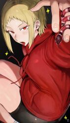 Rule 34 | 1girl, black background, black shorts, blonde hair, chainsaw man, dark background, glint, highres, hood, hoodie, looking at viewer, odyssey 21, open mouth, piercing, red eyes, red hoodie, sawatari akane (chainsaw man), short hair, shorts, simple background, slit pupils, snake, solo, sparkle, tongue, tongue out, tongue piercing