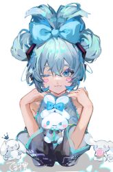 Rule 34 | &gt; o, 1girl, :3, black sleeves, blue bow, blue eyes, blush stickers, bow, cinnamiku, cinnamoroll, closed mouth, cosplay, detached sleeves, ear bow, folded twintails, grey shirt, hair bow, hatsune miku, hatsune miku (cosplay), heart, highres, long sleeves, one eye closed, pixel heart, rabbit, sanrio, shirt, simple background, smile, solo, tail ear, tied ears, updo, vocaloid, white background