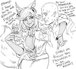 Rule 34 | 1boy, 1girl, animal ear fluff, animal ears, bald, bb (baalbuddy), belt, breasts, cleavage, closed mouth, collared shirt, commentary, contrapposto, covered erect nipples, curly hair, dark skin, dress, earrings, english commentary, english text, fang, fang out, fingernails, flirting, fox ears, fox tail, greyscale, hetero, highres, hoop earrings, jewelry, large breasts, monochrome, necklace, no bra, office lady, original, seductive smile, shirt, smile, strapless, strapless dress, sweat, nervous sweating, swept bangs, tail, tube dress, unbuttoned, unbuttoned shirt, white background, wide-eyed