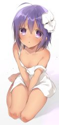 Rule 34 | 1girl, absurdres, ahoge, bare legs, barefoot, between legs, blush, breasts, cleavage, collarbone, dark-skinned female, dark skin, dress, fate/prototype, fate/prototype: fragments of blue and silver, fate (series), full body, gradient background, hair between eyes, hand between legs, hassan of serenity (fate), highres, looking at viewer, mask, mask on head, purple eyes, purple hair, short hair, simple background, sino (sionori), sitting, small breasts, solo, strap slip, white dress, yokozuwari