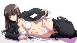 Rule 34 | 1girl, arm support, belt, belt buckle, bikini, black footwear, black jacket, black pants, blush, breasts, brown eyes, buckle, cleavage, closed mouth, clothes pull, collarbone, girls und panzer, highres, jacket, jewelry, jiyuuyuu, long hair, long sleeves, lying, medium breasts, mature female, nishizumi shiho, on side, open belt, open clothes, open fly, open jacket, open pants, open shirt, pants, pants pull, ribbon, ring, shirt, side-tie bikini bottom, sidelocks, simple background, solo, swimsuit, wedding band, white background, white bikini, white ribbon, white shirt