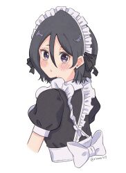 Rule 34 | 1girl, absurdres, alternate costume, apron, back bow, black dress, black hair, bleach, blush, bow, cropped arms, cropped torso, dress, enmaided, frilled apron, frills, hair between eyes, highres, kuchiki rukia, looking at viewer, looking back, maid, maid apron, maid headdress, parted lips, puffy short sleeves, puffy sleeves, purple eyes, rinner373, short hair, short sleeves, simple background, solo, twitter username, upper body, white apron, white background, white bow
