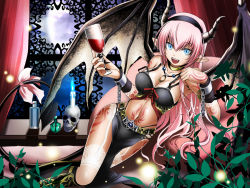 Rule 34 | 1girl, alcohol, aqua eyes, bad id, bad pixiv id, boots, breasts, cleavage, cup, drinking glass, fangs, garter belt, horns, kuromayu, long hair, megurine luka, navel, pink hair, pointy ears, solo, tail, thighhighs, vocaloid, wine, wine glass