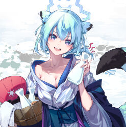 Rule 34 | 1girl, animal ears, armpit crease, bathrobe, blue archive, blue hair, bottle, breasts, chinese commentary, cleavage, collarbone, commentary request, halo, hand fan, head tilt, linxi, long sleeves, medium breasts, onsen, open mouth, outdoors, paper fan, ponytail, purple eyes, sake bottle, sash, shigure (blue archive), shigure (hot spring) (blue archive), short hair, smile, snow, solo, star (symbol), star in eye, symbol in eye, tail, towel, wide sleeves