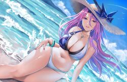 1girl absurdres bare_shoulders bikini blue_bikini blue_bow blue_sky bow bracelet cloud day elisabetlis grin hat hat_bow highres honkai:_star_rail honkai_(series) jade_(honkai:_star_rail) jewelry long_hair looking_at_viewer nail_polish navel ocean purple_eyes purple_hair purple_lips purple_nails sitting sky smile solo stomach sun_hat swimsuit thighs two-tone_bikini very_long_hair water white_bikini