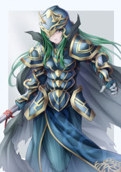 Rule 34 | 1girl, alm (fire emblem), alm (fire emblem) (cosplay), armor, black cape, blue armor, blue gloves, blue headwear, blue pants, boobplate, breastplate, breasts, cape, cosplay, eyelashes, fake horns, faulds, fire emblem, fire emblem: path of radiance, fire emblem echoes: shadows of valentia, floating hair, gloves, green eyes, green hair, helmet, high collar, holding, holding polearm, holding weapon, horned helmet, horns, long hair, medium breasts, nephenee (fire emblem), nintendo, one eye covered, pants, parted lips, pauldrons, polearm, shoulder armor, solo, striped clothes, striped gloves, striped pants, ten (tenchan man), torn cape, torn clothes, vambraces, vertical-striped clothes, vertical-striped gloves, vertical-striped pants, weapon