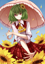 Rule 34 | 1girl, ascot, bad id, bad pixiv id, baocaizi, blue sky, day, field, flower, flower field, green hair, hair flower, hair ornament, highres, kazami yuuka, light smile, looking at viewer, open clothes, open vest, parasol, petals, plaid, plaid vest, red eyes, shirt, skirt, skirt set, sky, solo, sunflower, sunflower field, touhou, tsurime, umbrella, vest