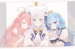 3girls absurdres ahoge animal_ear_fluff animal_ears aqua_eyes blue_eyes blue_hair blue_vest blush chamomile_(kazumasa) closed_eyes crown detached_sleeves dress floating_crown fox_ears fox_girl hair_between_eyes hair_ornament hairclip highres hololive hoshimachi_suisei hoshimachi_suisei_(stellar_into_the_galaxy) juliet_sleeves layered_dress long_hair long_sleeves looking_at_viewer mini_crown multiple_girls official_alternate_costume pink_dress pink_hair puffy_sleeves sakura_miko sakura_miko_(flower_fantasista!) selfie shirakami_fubuki shirakami_fubuki_(saint) shirt shrug_(clothing) smile star_(symbol) star_in_eye symbol_in_eye tiara tilted_headwear v vest virtual_youtuber white_shirt white_shrug