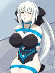 Rule 34 | 1girl, absurdres, arms behind back, bdsm, black bow, blue eyes, blush, bondage, bound, bound ankles, bound arms, bound legs, bow, breast bondage, breasts, breath, center opening, clothing cutout, crotch rope, fate/grand order, fate (series), heavy breathing, highres, kerriaria, large breasts, leotard, long hair, morgan le fay (fate), okura (okra sticky), open mouth, restrained, rope, seiza, shibari, shibari over clothes, silver hair, sitting, solo, stomach cutout, two-tone dress