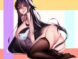Rule 34 | 1girl, anus, anus peek, ass, azuma (azur lane), azur lane, bare shoulders, black hair, black thighhighs, blouse, breasts, finger to mouth, garter straps, geonjeonji, hair between eyes, huge breasts, long hair, looking at viewer, lying, office lady, on side, open mouth, pencil skirt, shirt, sideboob, skindentation, skirt, sleeveless, sleeveless shirt, solo, thighhighs, thighs, thong, tongue, tongue out, very long hair, yellow eyes