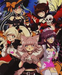 Rule 34 | 1990s (style), 5girls, alternate costume, animal ears, bandages, bare shoulders, bat (animal), belt, black cape, black cat, black hair, black nails, black sleeves, blonde hair, blood, blood on clothes, blunt bangs, blush, bow, braid, breasts, bridal gauntlets, brown belt, brown hair, buttons, cape, cat, cat girl, cleavage, collar, collarbone, commentary, criis-chan, criss-cross halter, danganronpa (series), danganronpa 2: goodbye despair, danganronpa v3: killing harmony, demon horns, demon wings, double-breasted, dress, english commentary, eyepatch, flipped hair, frilled dress, frills, full moon, fur trim, gloves, grin, hair bow, hair ornament, hairclip, halloween, halloween costume, halterneck, hand up, hands up, hat, hat bow, holding, holding skull, horns, jack-o&#039;-lantern, long hair, long sleeves, looking at viewer, medium breasts, medium hair, midriff, mioda ibuki, mole, mole under eye, moon, multicolored hair, multiple girls, nail polish, nanami chiaki, neck ribbon, nurse, nurse cap, open mouth, orange bow, orange ribbon, pink blood, pink eyes, pointy ears, ponytail, puffy short sleeves, puffy sleeves, purple hair, red collar, red dress, red eyes, red horns, retro artstyle, ribbon, short sleeves, single thighhigh, skirt, skull, small breasts, smile, sonia nevermind, stitches, striped sleeves, sweatdrop, symbol-only commentary, tail, thighhighs, tsumiki mikan, twitter username, v, vampire costume, white hair, wings, witch, witch hat, wolf ears, wolf paws, wolf tail, zettai ryouiki, zombie