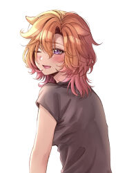 1girl akari_0313 alternate_costume animal_ears black_shirt blush breasts commentary_request ears_down hair_between_eyes highres horse_ears horse_girl looking_at_viewer one_eye_closed open_mouth orange_hair purple_eyes shirt short_hair short_sleeves simple_background small_breasts smile solo t.m._opera_o_(umamusume) umamusume upper_body white_background