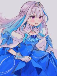 Rule 34 | 1girl, bam 4100, blue bow, blue dress, blue hair, blush, bow, cape, colored inner hair, commentary, dress, earrings, gloves, grey background, jewelry, lize helesta, lize helesta (3rd costume), long hair, multicolored hair, nijisanji, open mouth, pink eyes, silver hair, simple background, solo, sweatdrop, symbol-only commentary, tiara, v-shaped eyebrows, virtual youtuber, white cape, white gloves
