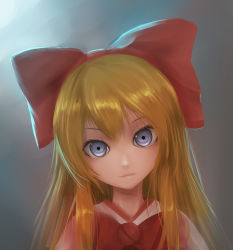 Rule 34 | 1girl, blonde hair, blue eyes, bow, close-up, doll, hair bow, head tilt, highres, light smile, long hair, looking at viewer, portrait, qys3, revision, ringed eyes, shanghai doll, solo, touhou, upper body