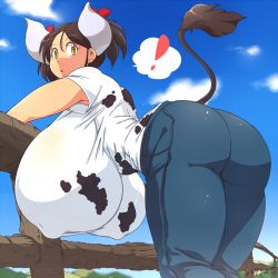 Rule 34 | !, 1girl, ass, breasts, brown hair, covered erect nipples, cow girl, cow horns, cow tail, curvy, gigantic breasts, hair ribbon, hanging breasts, hataraki ari, highres, horns, huge ass, leaning forward, looking at viewer, looking back, no bra, open mouth, original, ribbon, shirt, solo, sukimi, tail, taut clothes, taut shirt, thick thighs, thighs, wide hips, yellow eyes