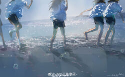 Rule 34 | 4girls, absurdres, ankle socks, bare arms, bare legs, barefoot, black shorts, brown hair, bubble, check copyright, clenched hand, commentary, copyright request, day, english commentary, from behind, full body, grey footwear, highres, long hair, medium hair, multiple girls, muyihui, ocean, original, outdoors, running, shadow, shirt, shoes, shore, short sleeves, shorts, signature, socks, sparkle, t-shirt, weibo watermark, white shirt, white socks