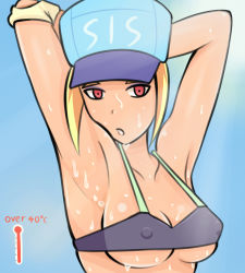 Rule 34 | 1girl, arm guards, armpits, arms up, bare shoulders, bikini, blue background, breasts, covered erect nipples, food, fruit, hat, hot, lemon, looking at viewer, nervous sweating, original, parted lips, presenting armpit, red eyes, saberrung, sidelocks, simple background, sketch, sport girl (saberrung), string bikini, sweat, swimsuit, thermostat, underboob, very sweaty