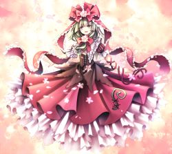 Rule 34 | 1girl, :d, bow, cherry blossoms, commentary, corset, dress, fingernails, frilled dress, frilled ribbon, frilled sleeves, frills, front ponytail, green eyes, green hair, hair bow, hair ribbon, highres, kagiyama hina, long hair, looking to the side, miy 001, open mouth, outstretched arms, puffy short sleeves, puffy sleeves, red bow, red dress, red ribbon, ribbon, short sleeves, smile, solo, touhou