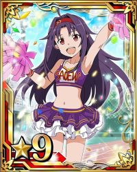 Rule 34 | 10s, 1girl, ahoge, arm up, armpits, breasts, card (medium), cheerleader, cleavage, collarbone, crop top, hairband, layered skirt, long hair, looking at viewer, midriff, navel, open mouth, pointy ears, pom pom (cheerleading), purple hair, red eyes, red hairband, skirt, small breasts, solo, star (symbol), sword art online, wrist cuffs, yuuki (sao)